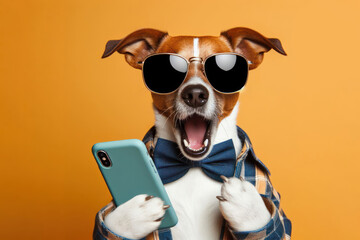 Shocked dog in sunglasses holding smartphone on color background