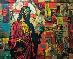 Fototapeta premium A painting of Jesus made of collaged images.