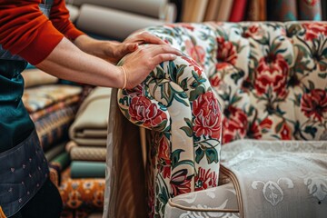 Person holding fabric in front of a couch, suitable for interior design concepts