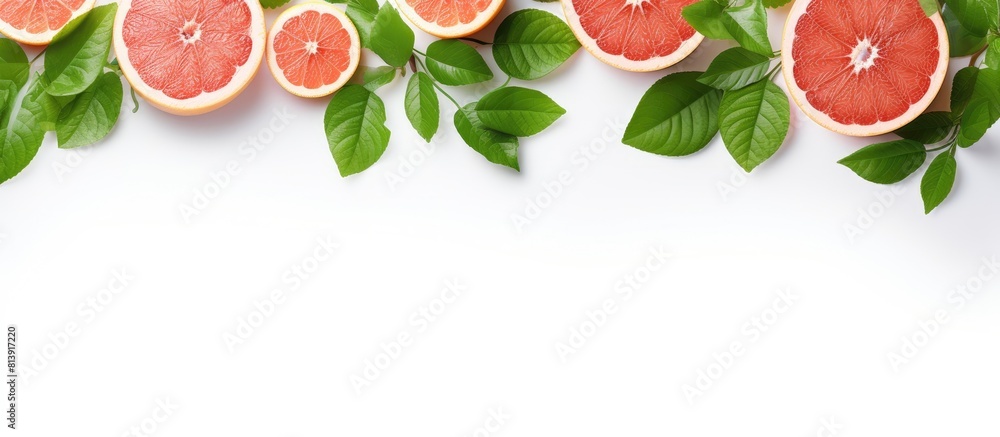 Poster top view of grapefruit slices and leaves isolated on a white background a copy space image for your 