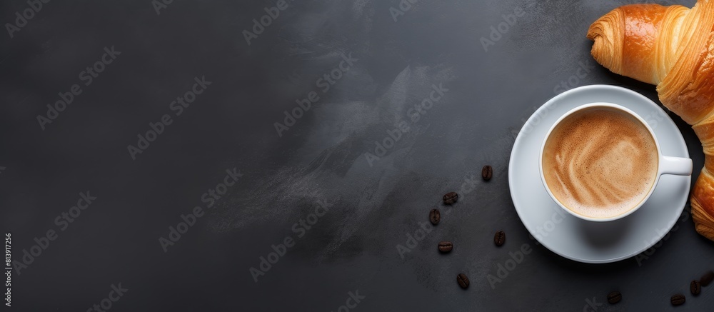 Poster top view copy space image of a delicious croissant and a steaming cup of coffee on a gray background