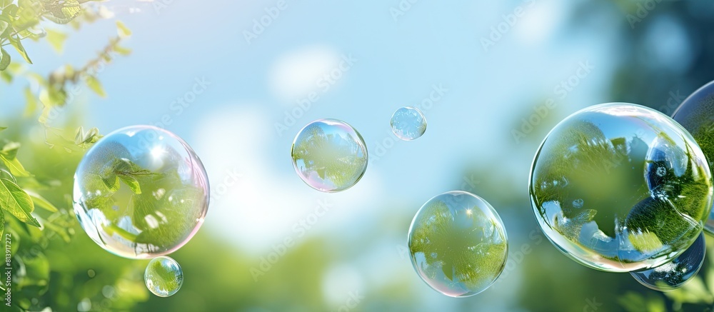 Poster copy space image with beautiful shiny transparent soap bubbles floating in the fresh natural summer 