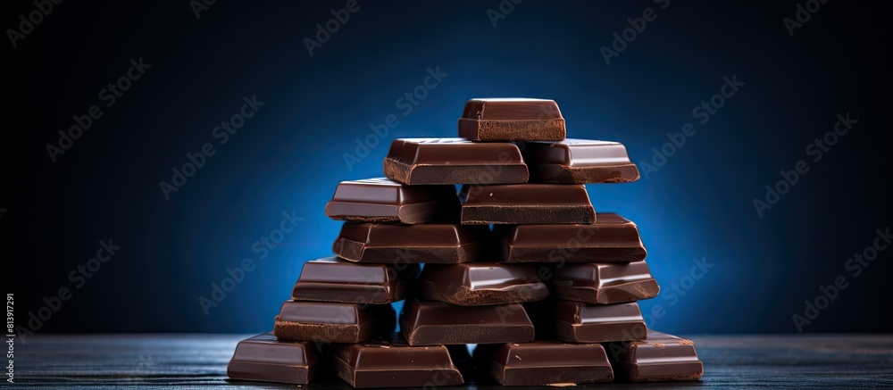 Sticker A stack of chocolates sits on a black wooden table against a blue background creating a visually appealing image with ample copy space