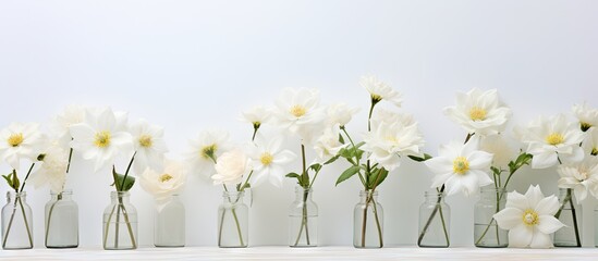 Beautiful white flowers arranged in a minimal composition creating a light bouquet in bottles The image features a white background leaving ample copy space