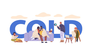 Fototapeta premium Characters In Cold Weather Concept. People Drinking Hot Beverages, Warming Hands By A Fire, Adjusting A Thermostat