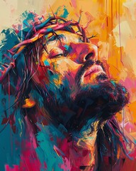 colorful painting of Jesus wearing crown of thorns