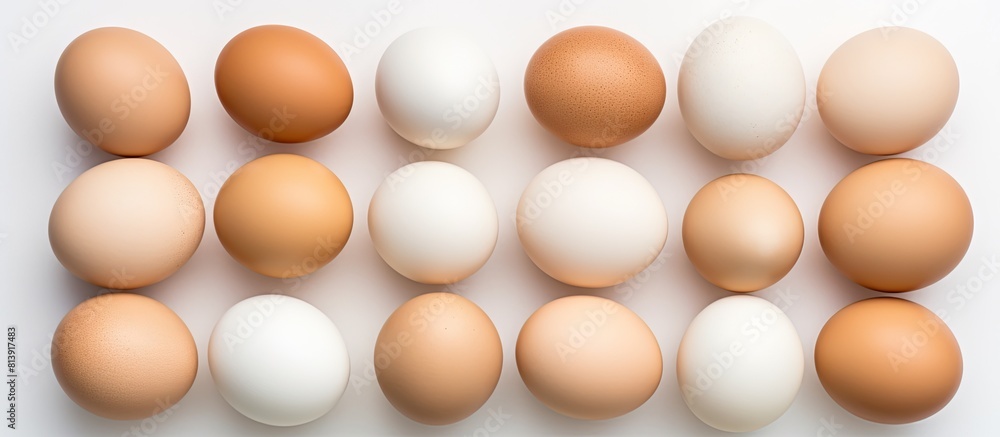 Poster copy space image of uncooked chicken eggs arranged neatly on a white table captured from a top down 