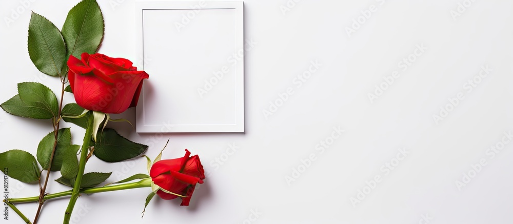 Poster flat lay view of a red rose and photo frame on a white background offering ample copy space for cust