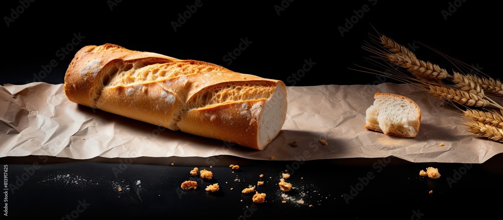 Poster on a black background there is a cut up cereal baguette placed on parchment paper leaving a copy spa