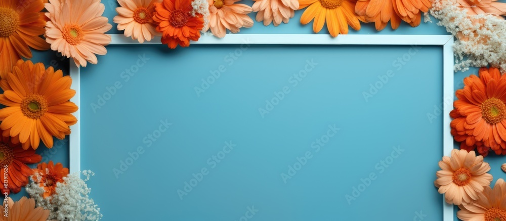 Poster top view of a flat lay arrangement featuring orange petals arranged around a photo frame against a b