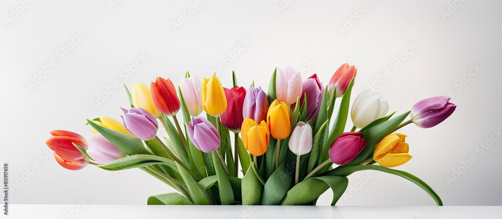 Poster a horizontal photo of a multi colored tulip bouquet displayed on a white background with copy space 