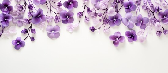 A floral pattern of purple violets and lavender flowers is depicted on a light ceramic background...
