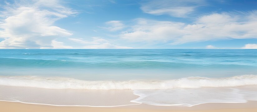 The scenic beach and tranquil blue sea with gentle waves blend harmoniously with the sky adorned in white clouds creating an idyllic seascape backdrop This copy space image is perfect for conveying t