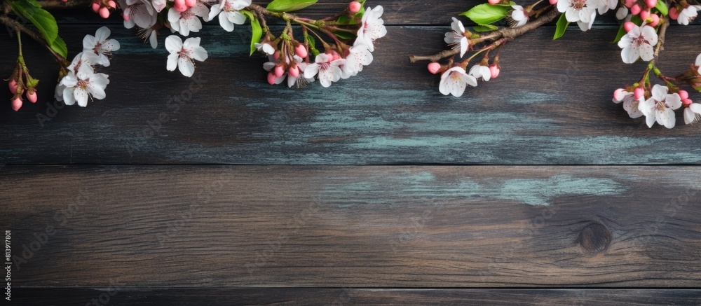 Poster an image of spring tree flowers complemented by the rustic backdrop of an old vintage board provides