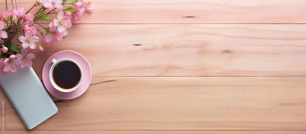 Poster a top down view of a pink wooden background displaying an office desk with a computer office supplie
