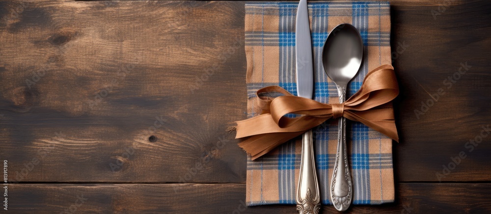 Poster a ribbon wrapped knife is placed alongside a spoon and fork on a napkin set upon a wooden table crea