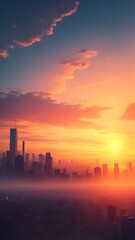 都市に朝日が昇る朝焼け空