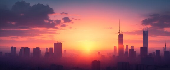 Fototapeta premium 都市に朝日が昇る朝焼け空