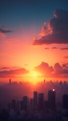 Fototapeta premium 都市に朝日が昇る朝焼け空