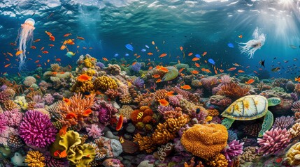 Fototapeta na wymiar A mesmerizing background image capturing the vibrant colors of the ocean currents and a variety of fish species, Wide-angle shots, generative ai
