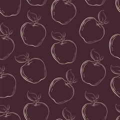 Seamless vector pattern with apple and foliage. Hand drawn illustration in blue color on bright pink background. Botanical print in doodle style. Design to print on textile, clothing, postcard, cafe m