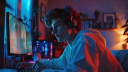 Fototapeta premium He is playing an online video game on his personal computer. The room and PC are lit by colorful warm neon lights. He is wearing earphones with a microphone. It's a peaceful evening at home.