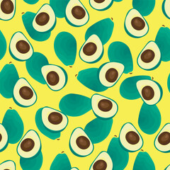 Seamless avocado vector illustration. Fruit sketch of green avocado on lettuce background in doodle style. Botanical template for printing on textiles, gift paper, banners, menus. Avocado Harvest.