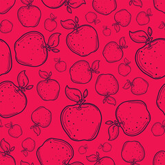 Seamless vector pattern with apple and foliage. Hand drawn illustration in blue color on bright pink background. Botanical print in doodle style. Design to print on textile, clothing, postcard.