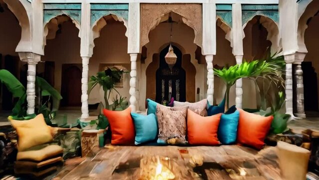 Luxurious Moroccan Courtyard: Colorful Pillows, Fire Pit, and Ornate Arches