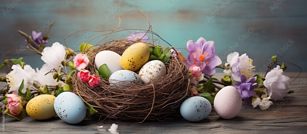 Aufkleber closeup of a wicker nest adorned with painted easter eggs and flowers displayed on a table with plen
