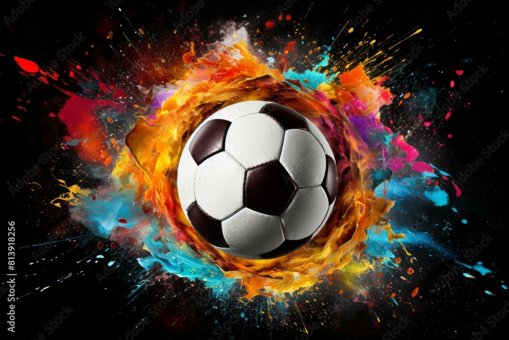 Poster dynamic and fiery explosion of a vibrant soccer ball with a colorful paint splash and abstract burst