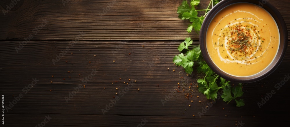 Poster a visually appealing image of carrot soup with creamy texture and a sprinkle of parsley showcased on