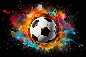 Fototapeta premium Dynamic and fiery explosion of a vibrant soccer ball with a colorful paint splash and abstract burst of energy, creating a dramatic and artistic visual concept