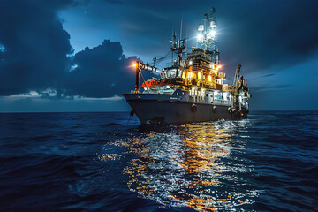 Fototapeta premium Underwater exploration vessel surveys ocean floor for rare minerals amidst deep-sea.