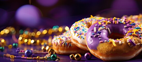 A holiday party invitation or greeting card concept featuring Mardi Gras King Cake doughnuts masquerade festival carnival masks gold beads and confetti on a purple background with copy space for an i