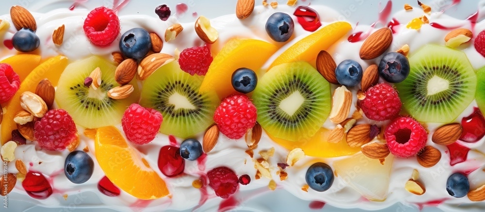 Poster Top view of a fruit salad with yogurt and nuts captured in a close up image showcasing the yogurt being poured over the colorful assortment Copy space available