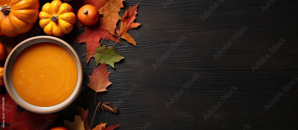 Canvas Prints a top view of a frame of pumpkin puree soup with autumn leaves set against a grey background of pump
