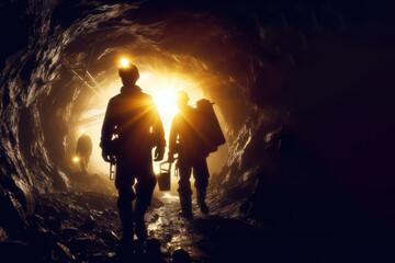 Silhouette of Miners with headlamps entering underground gold mine