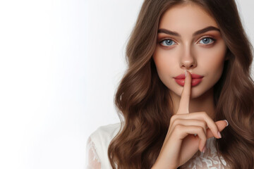 Fototapeta premium Beautiful Girl showing silence gesture on white background