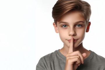 Fototapeta premium boy showing silence gesture on white background