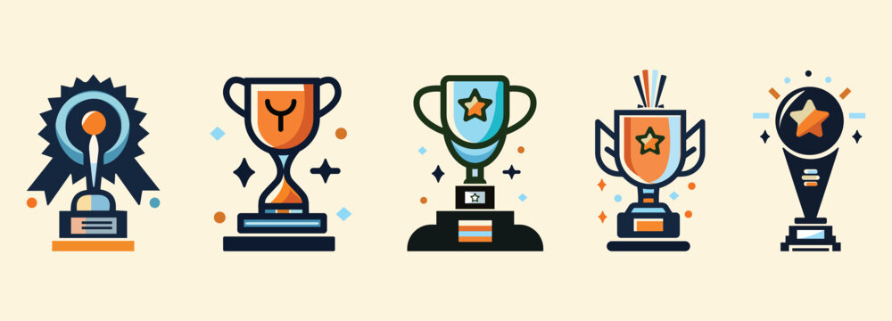 Trophy or Champion Cup flat vector illustration collection or set isolated on a white background. Trophy vector sign