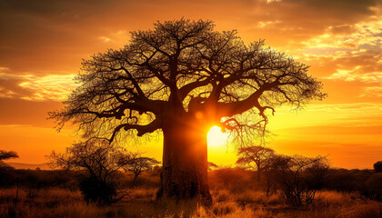 The distinctive shape of a baobab tree, with its massive trunk and outstretched branches standing...