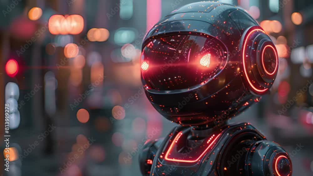Poster a robot standing in the center of a bustling city at night, illuminated by neon lights and surrounde