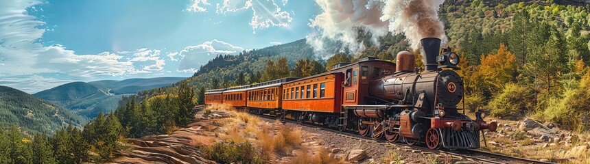 Vintage train in the mountains, surrounded by nature and smoke coming from its chimney, with an orange car painted in the style of vintage cars of French state tourist rides, panoramic view of a valle