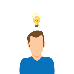 Getting a Sudden Idea With a Lightbulb Above Man's Head. Vector illustration.