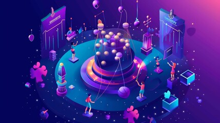 3D modern line art web banner with various characters filling tickets and drawing raffles for lottery win. Luck and fortune concept with tiny people around huge drum with balls rolling inside.