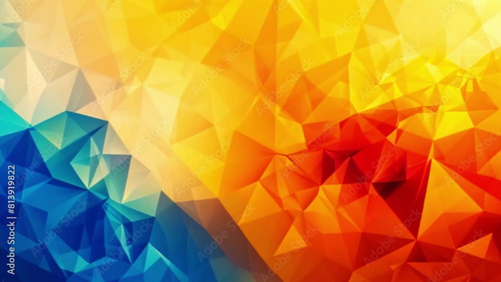 Poster a vivid abstract with sharp geometric patterns transitioning from cool blues to warm oranges.