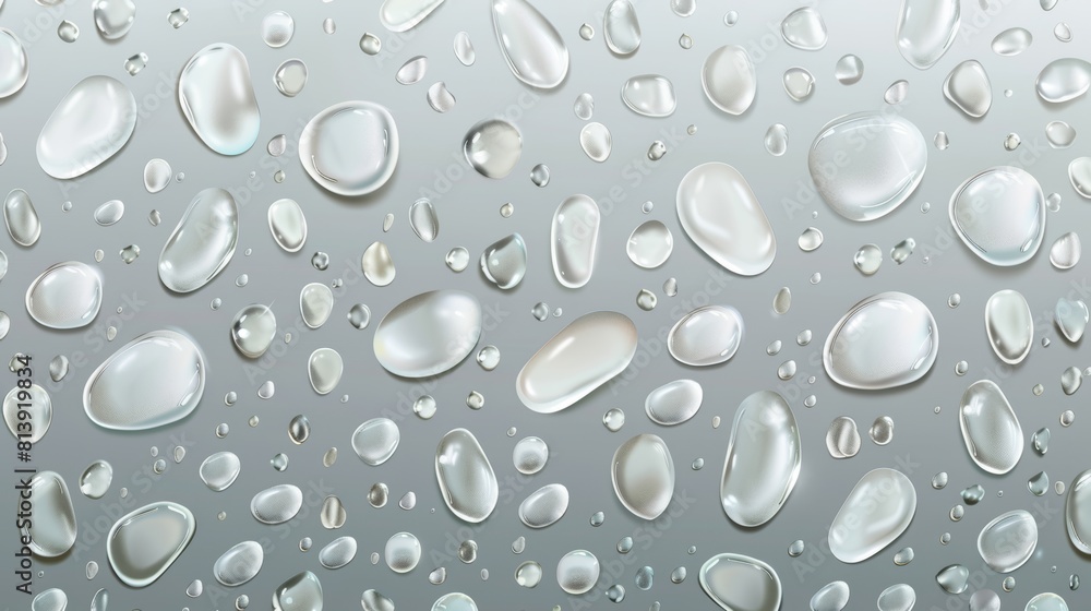 Poster raindrops with light reflection on grey or silver background. abstract wet texture, pure aqua blobs 