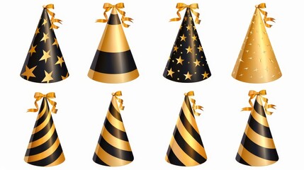 Set of funny cone head caps with gold ribbons for holidays and festive isolated on white background. Modern realistic collection of party hats with gold and black stripes, dots and stars.