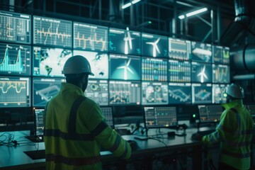 Engineers at the power generation complex control the process of producing green hydrogen based on real-time power readings from windmills.